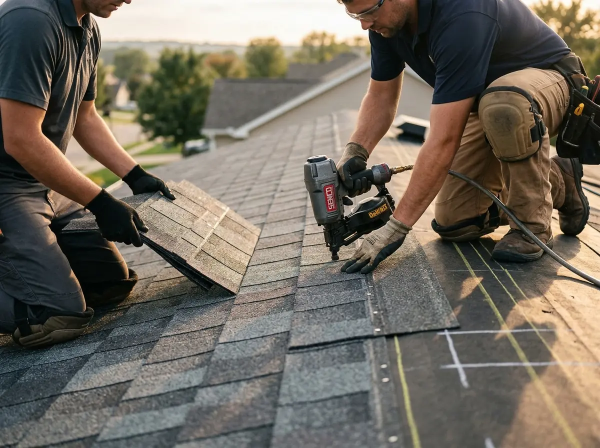 Professional roofer working on a residential roof in Lower Pottsgrove